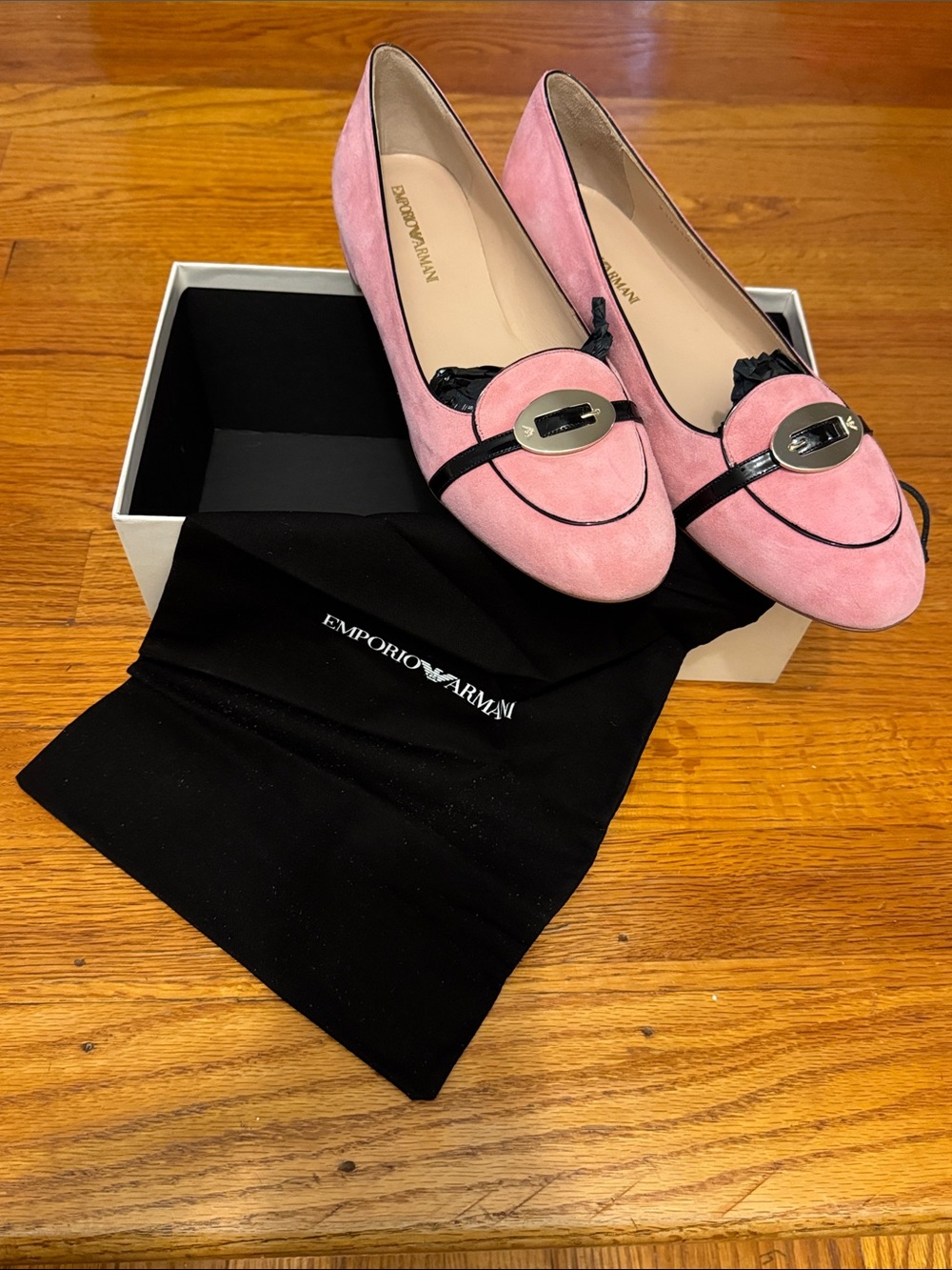 Emporio Armani Pink Suede Loafers with Black Trim & Silver Buckle - Picture 12 of 12
